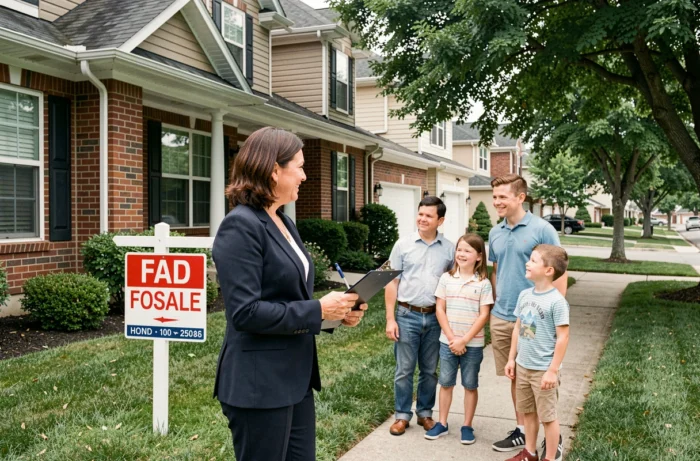 Agent immobilier présentant une maison individuelle à vendre à une famille devant la façade