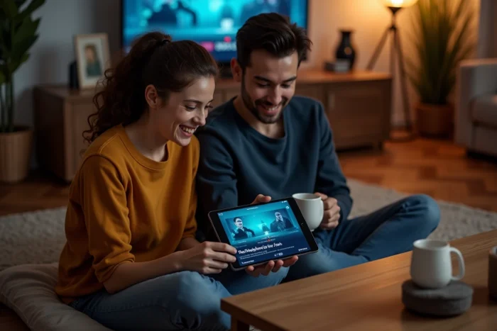 Deux amis regardant des séries en streaming gratuit sur une tablette dans un appartement décontracté