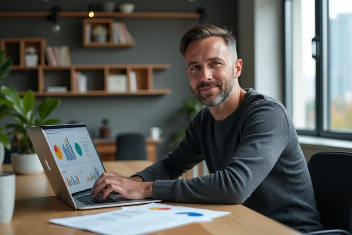 Entrepreneur analysant des tableaux de bord marketing sur un ordinateur portable dans un espace de coworking