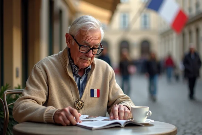 Ancien combattant français lisant un magazine civique en terrasse sur une place de village avec drapeau tricolore