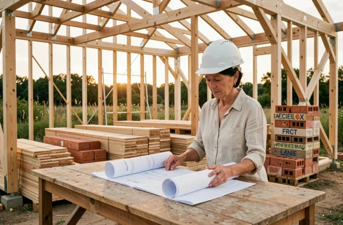 Architecte femme examinant les plans d'une maison écologique en construction avec des matériaux durables en bois et brique recyclée