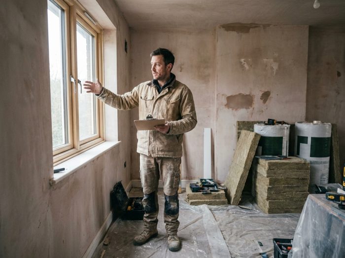 Artisan installant une fenêtre double vitrage dans une maison en cours de rénovation éligible à la prime renov
