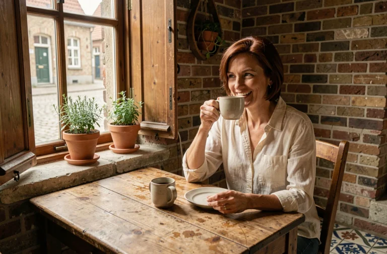 Femme savourant un café dans un bed and breakfast rustique belge à Bruges avec décor en briques apparentes et carrelage flamand