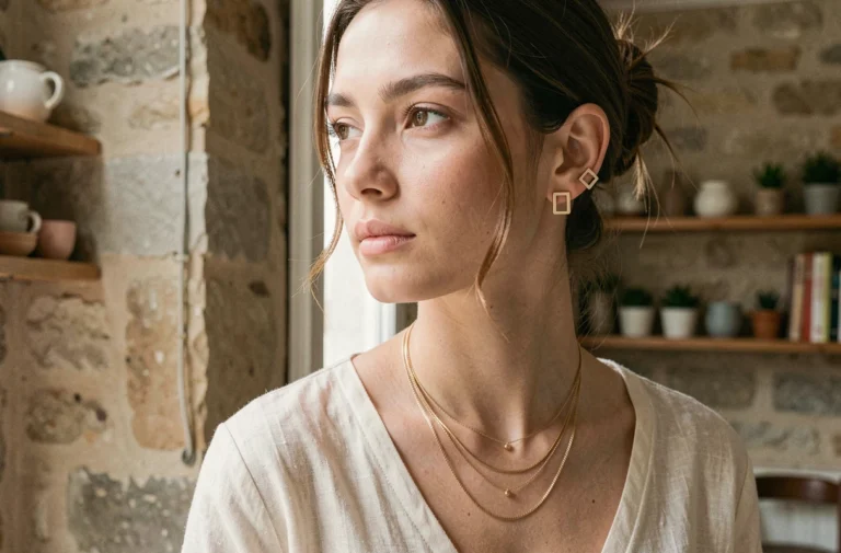 Jeune femme européenne portant des bijoux coréens minimalistes dorés, colliers superposés et ear cuffs géométriques, dans un appartement parisien aux murs en pierre