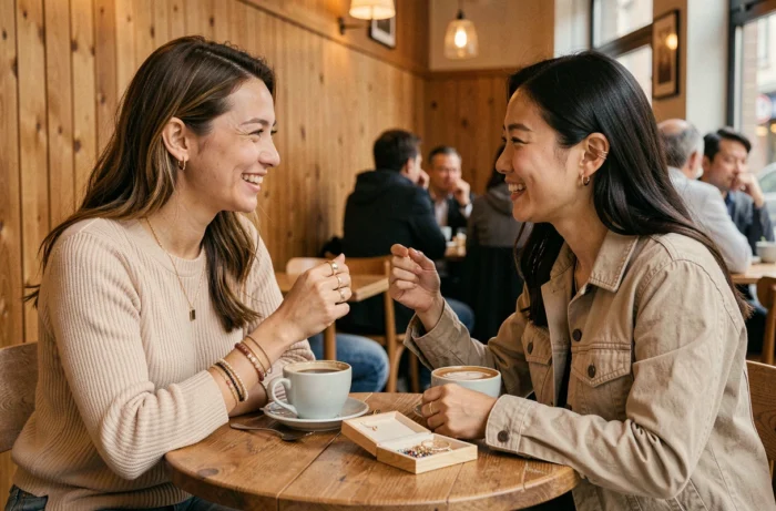Deux femmes, l'une française et l'autre coréenne, dans un café berlinois portant des bijoux coréens minimalistes, bracelets superposés et bagues fines, en conversation animée
