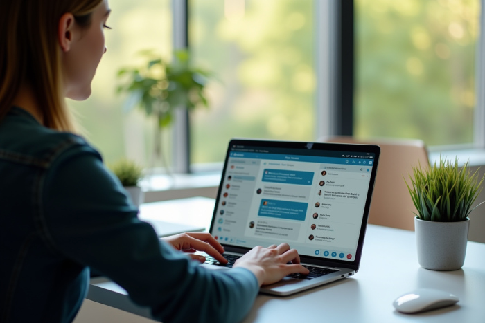 Espace de travail moderne avec personne travaillant sur un ordinateur portable