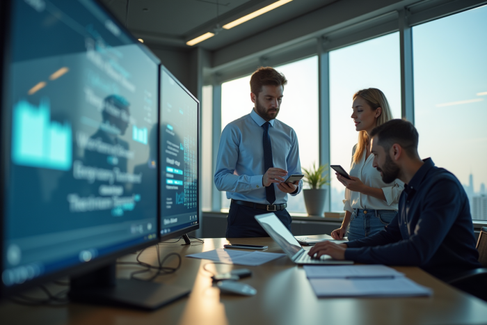 Bureau moderne avec équipe collaborant autour d'un écran digital