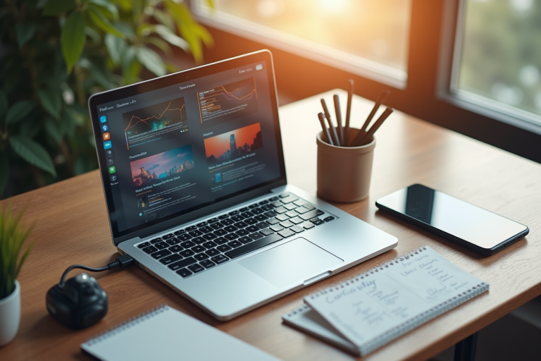 Bureau moderne avec ordinateur portable et accessoires de productivite