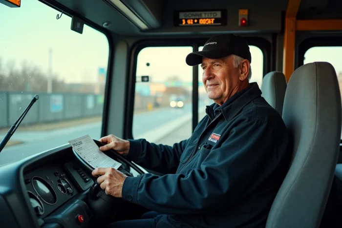 Chauffeur de bus consultant le planning des horaires de ligne dans la cabine de conduite