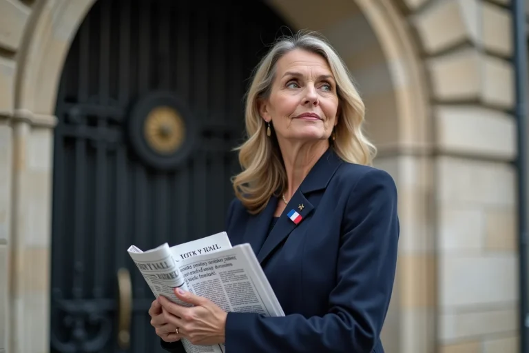 Femme citoyenne engagée devant une mairie française en blazer bleu marine avec broche tricolore