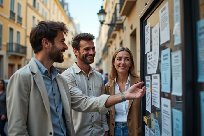 Groupe de citoyens discutant d'initiatives civiques devant un panneau d'affichage dans un quartier parisien
