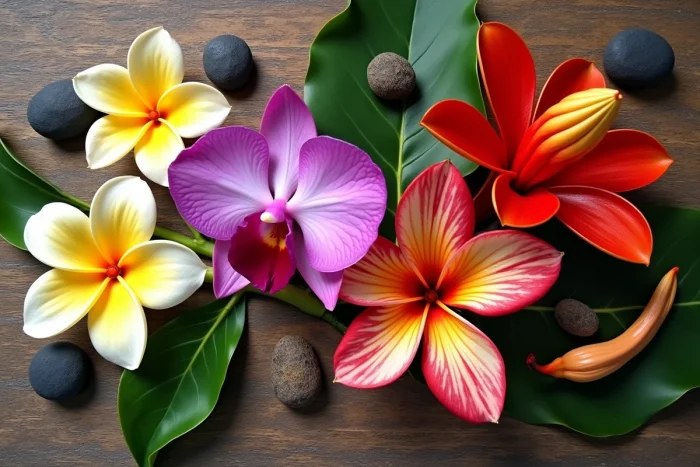 Composition à plat de fleurs tropicales hawaïennes fraîches incluant plumeria, orchidée et anthurium sur bois vieilli