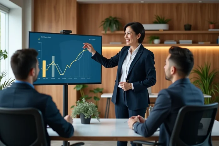 Consultante Boost 4 Business présentant des indicateurs de performance à ses collègues dans un espace coworking moderne