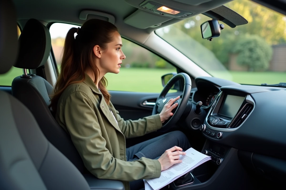 Femme dans la voiture regarde le tableau de bord et le manuel