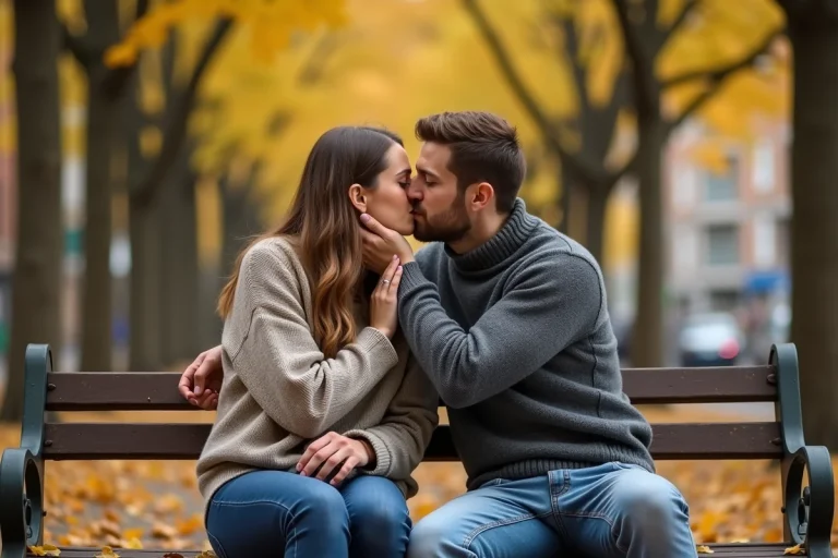 Couple s’embrassant sur un banc d’automne dans un parc