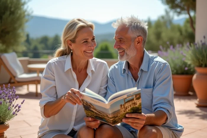 Couple en vacances consultant un catalogue de séjours SG Vacances sur une terrasse méditerranéenne