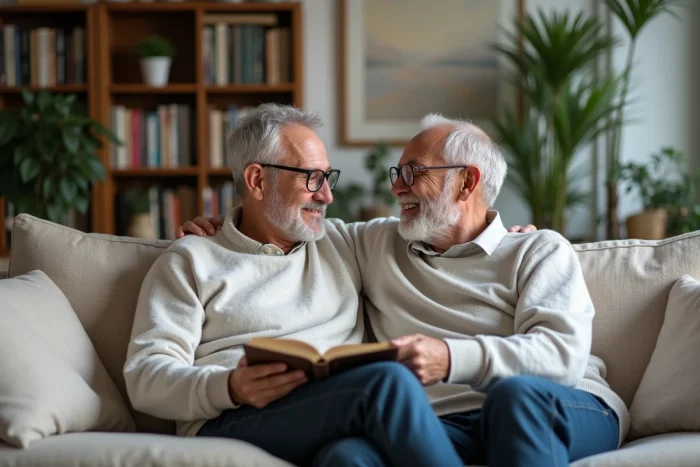 Deux hommes en couple se relaxant ensemble dans un salon moderne et chaleureux