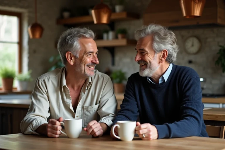 Deux hommes en couple partageant un moment complice autour d'un café dans une cuisine rustique chaleureuse