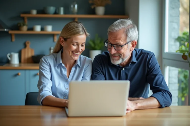 Couple regardant un ordinateur dans une cuisine moderne