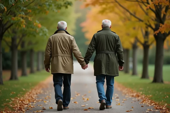 Couple de deux hommes se promenant main dans la main sur un chemin de jardin en automne