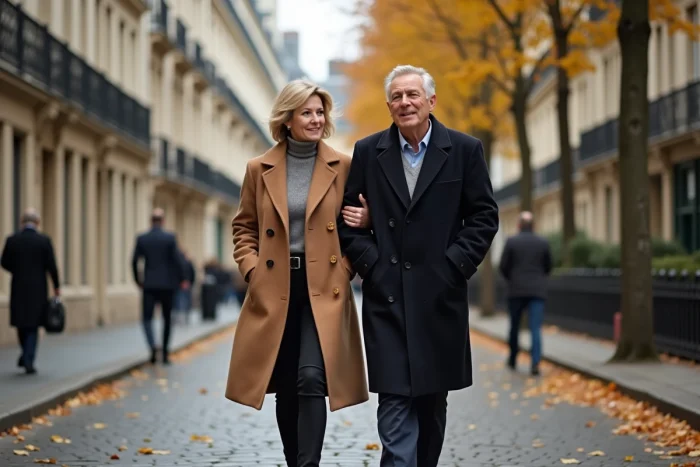 Couple élégant se promenant dans les rues pavées de Paris en automne