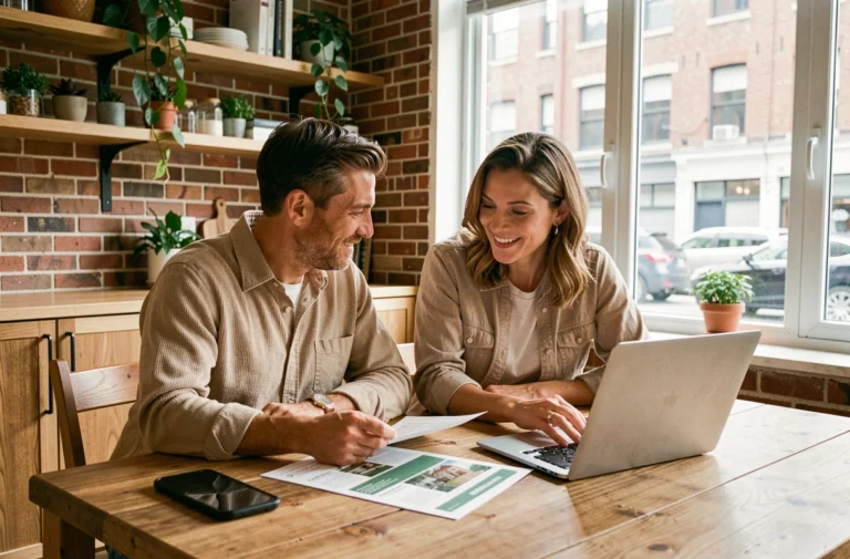 Couple consultant des annonces immobilières sur ordinateur portable et documents papier dans un appartement moderne