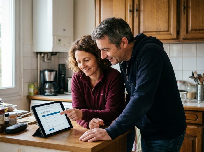 Couple consultant le simulateur de MaPrimeRénov sur tablette dans leur cuisine