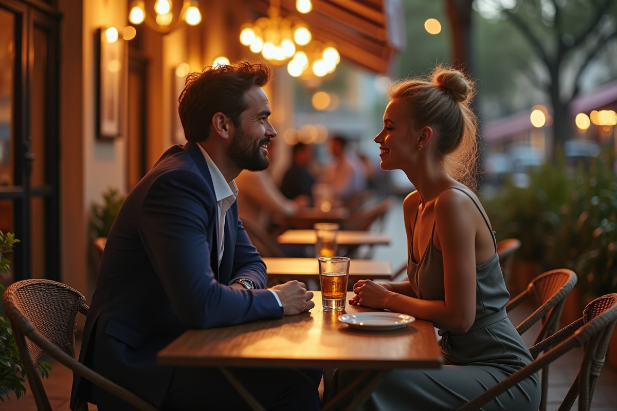 Couple élégant discutant au café en terrasse en fin de journée