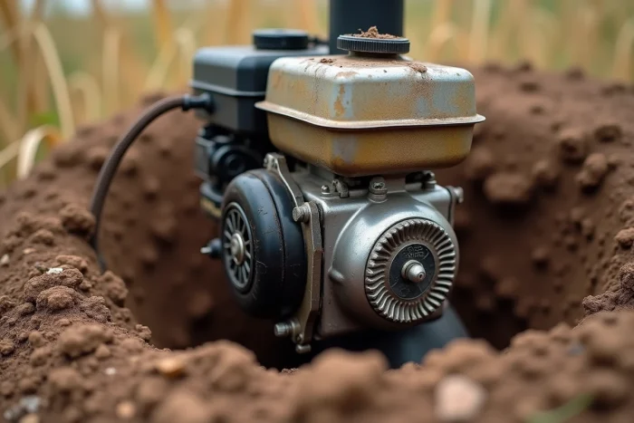 Gros plan sur le moteur et la mèche d'une tarière thermique posée sur un sol argileux