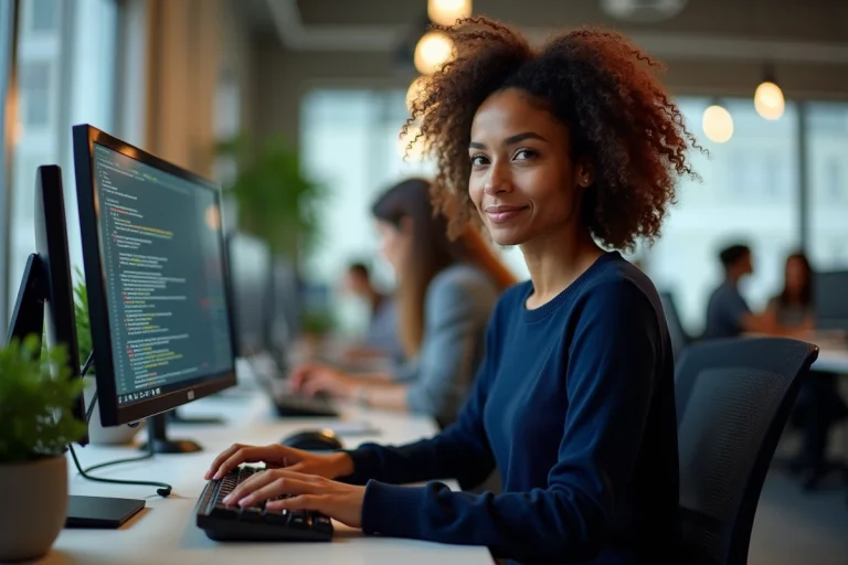 Développeuse informatique en train de coder sur deux écrans dans un bureau moderne en open space