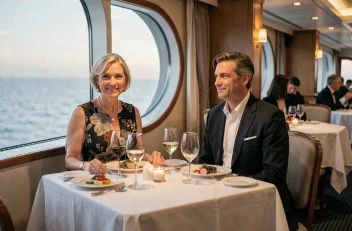 Couple élégant dînant dans un restaurant gastronomique à bord d'un navire de croisière