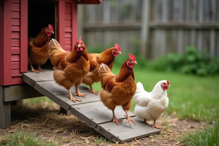 Poules montant une échelle en bois vers leur poulailler en milieu rural