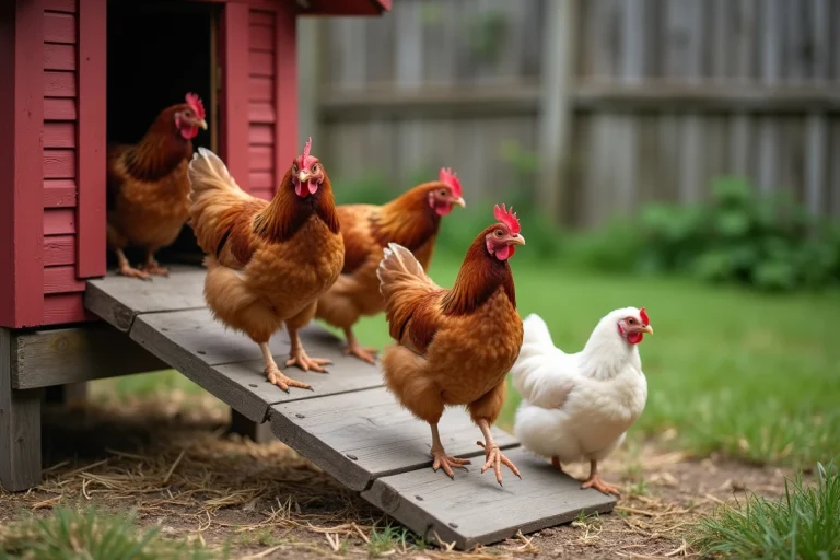 Poules montant une échelle en bois vers leur poulailler en milieu rural