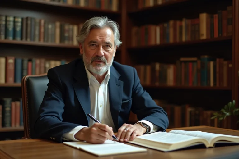 Portrait d'un écrivain célèbre dans son bureau parisien entouré de livres et de manuscrits
