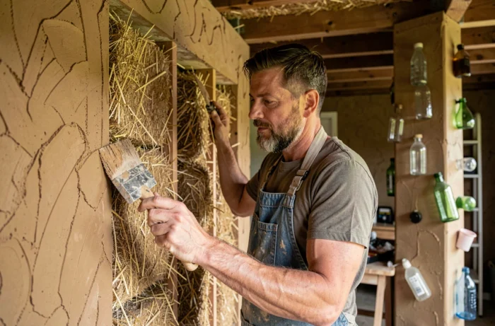 Artisan appliquant un enduit naturel en argile sur un mur en paille à l'intérieur d'une maison bioclimatique
