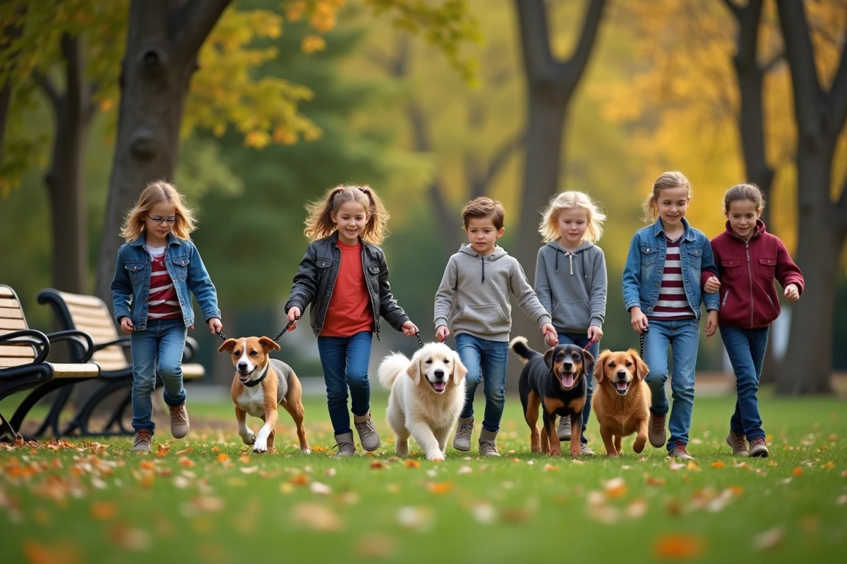 Enfants jouant avec des chiens dans un parc verdoyant