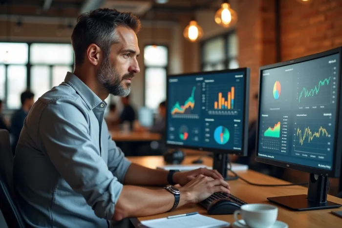 Un entrepreneur analysant des tableaux de bord de performance et des indicateurs de croissance sur des écrans dans un bureau moderne