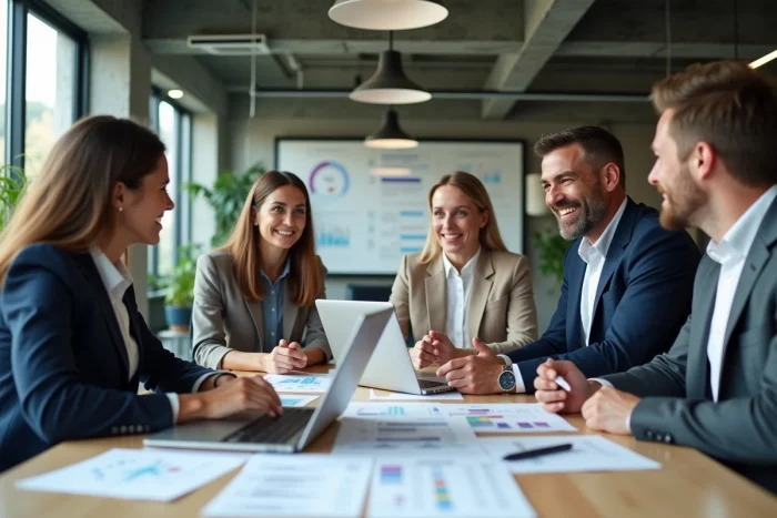 Équipe Boost 4 Business réunie autour d'une table de réunion moderne pour élaborer une stratégie de croissance d'entreprise