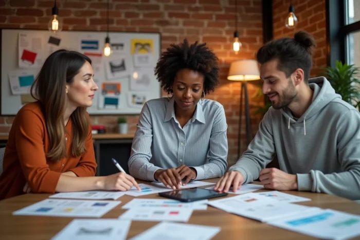Équipe marketing en séance de brainstorming autour d'une table dans une agence créative