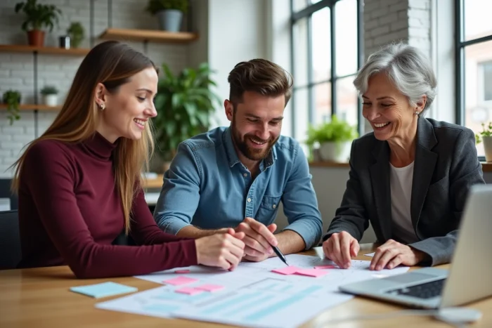 Une équipe diversifiée collaborant sur des stratégies de développement et de croissance d'entreprise autour d'une table de travail