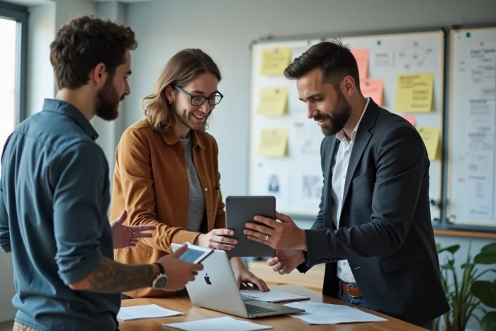 Équipe de professionnels informatiques collaborant autour d'un bureau dans un espace de coworking