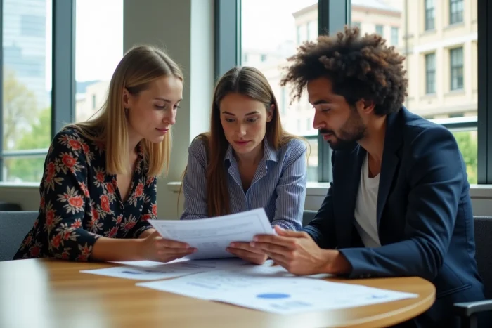 Équipe de professionnels collaborant sur une stratégie de visibilité en ligne autour d'une table de réunion