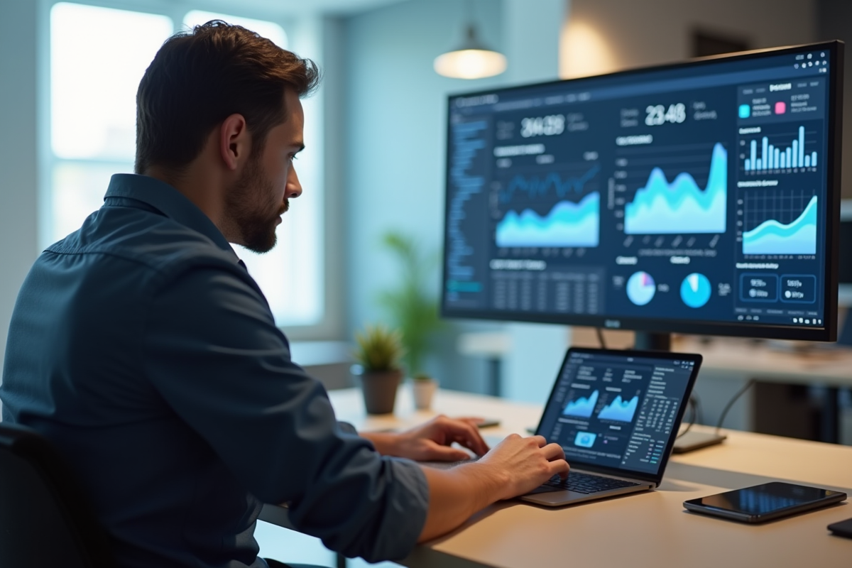 Espace coworking lumineux avec personne utilisant tablette et ordinateur
