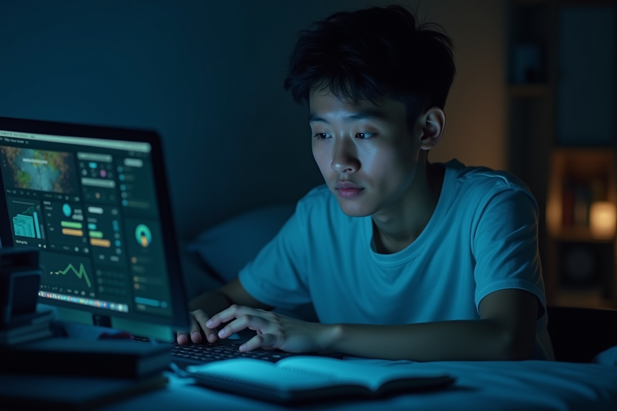 Étudiant concentré dans une chambre minimaliste la nuit