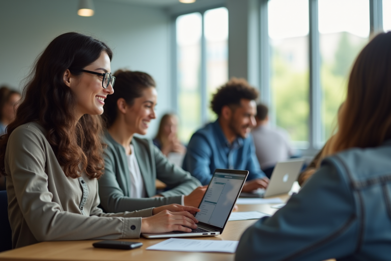 Groupe d'étudiants divers en classe moderne avec ordinateurs