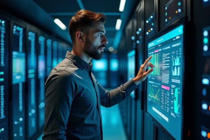Expert en cybersécurité analysant des données réseau dans une salle de serveurs