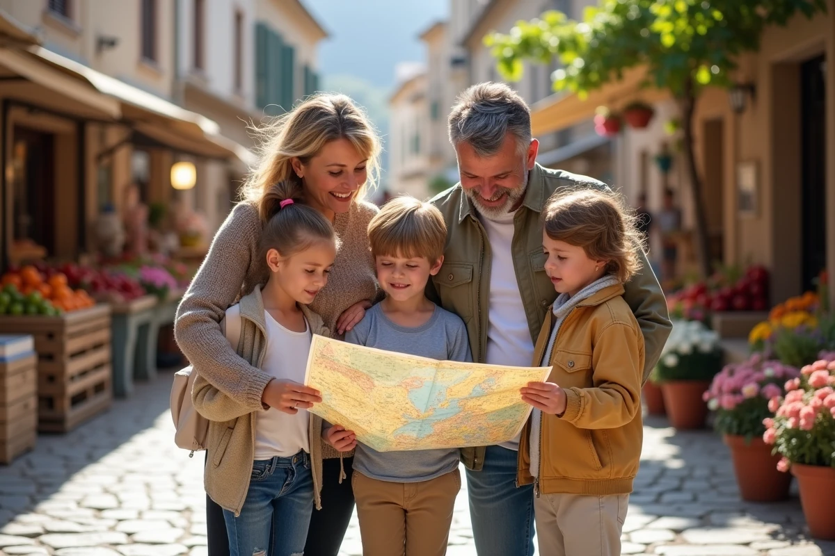 Famille découvrant un marché en voyage en méditerranée