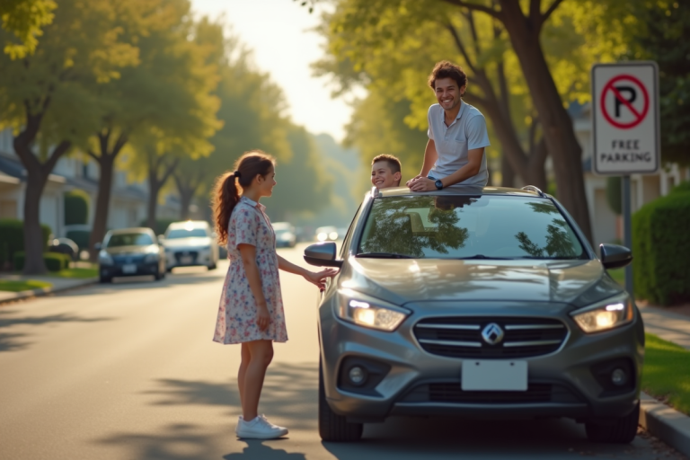 Famille souriante garée dans une rue résidentielle calme