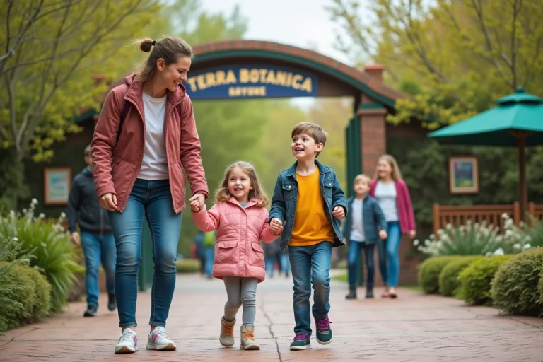 Famille heureuse devant Terra Botanica en printemps