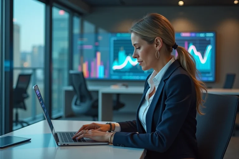 Femme d affaires en réunion avec analytics et ordinateur